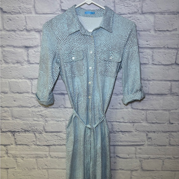 J. McLaughlin Brynn Dress small Blue Geo Button Up Collared 3/4 Sleeve Belted - Picture 1 of 9